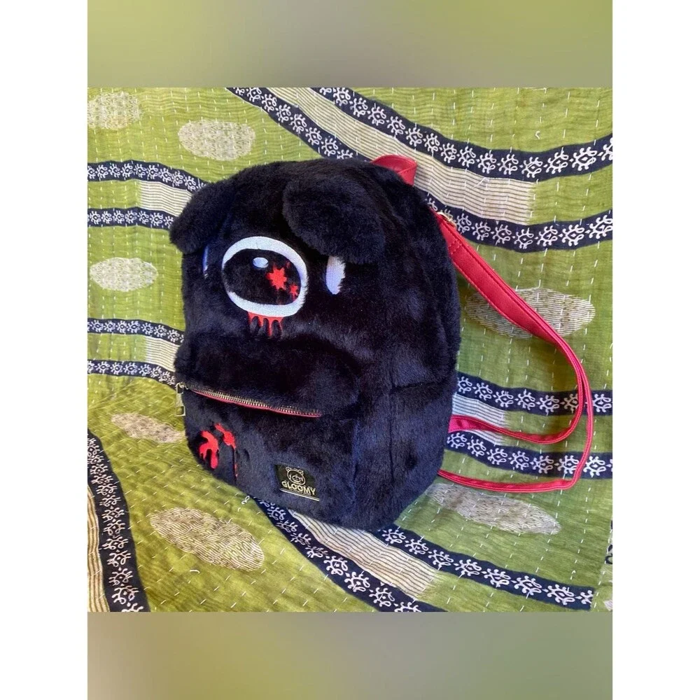 Bioworld Black Gloomy Naughty Grizzly Fuzzy Plush Mini Backpack Kawaii Kidcore